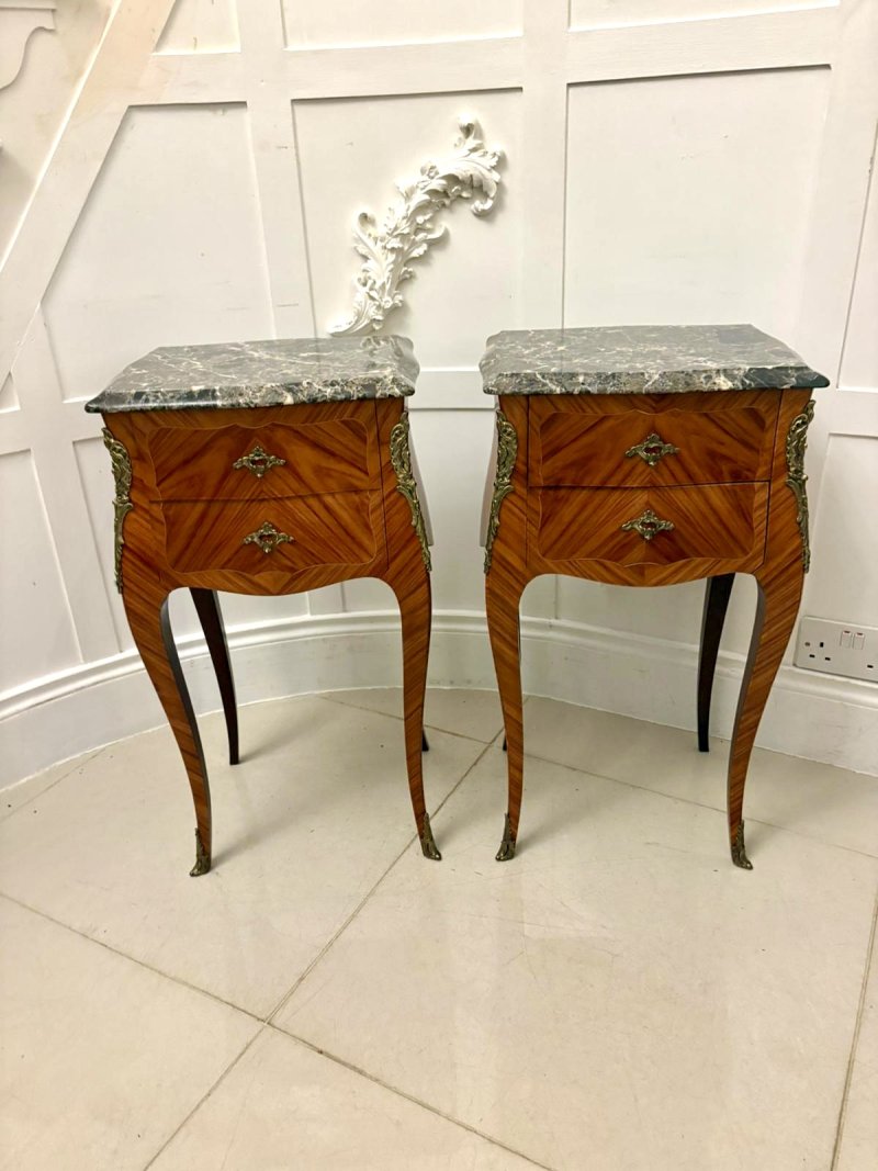 Antique Pair of Quality French Louis XV Style Marble-Top Bedside Cabinets